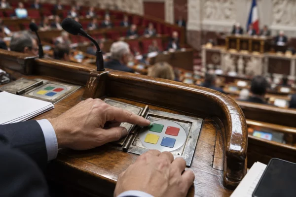 Des mains actionnent un boîtier de vote sur un pupitre usé, avec les rangées de sièges de l’hémicycle en arrière-plan.