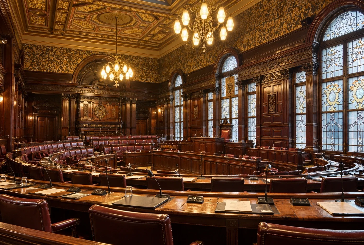 Rangées de pupitres en bois et de microphones dans un hémicycle parlementaire aux boiseries ouvragées, sous des lustres.