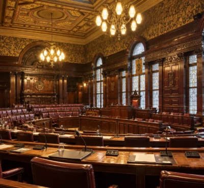 Rangées de pupitres en bois et de microphones dans un hémicycle parlementaire aux boiseries ouvragées, sous des lustres.