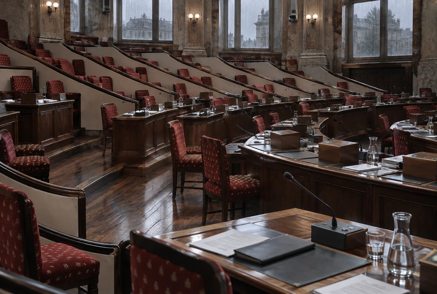 Pupitres équipés de microphones et de boîtiers de vote devant les gradins rouges d’un hémicycle parlementaire.