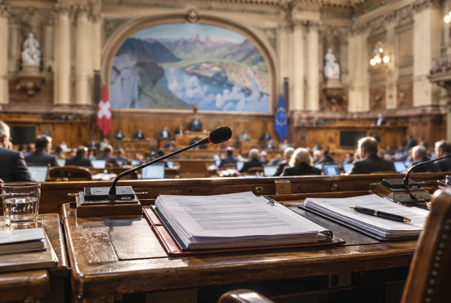 Un pupitre usé avec microphone et dossiers budgétaires ouverts dans un hémicycle parlementaire aux rangées de sièges en arrière-plan.