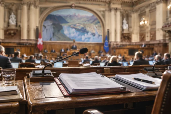 Un pupitre usé avec microphone et dossiers budgétaires ouverts dans un hémicycle parlementaire aux rangées de sièges en arrière-plan.