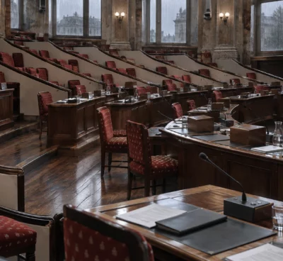 Pupitres équipés de microphones et de boîtiers de vote devant les gradins rouges d’un hémicycle parlementaire.