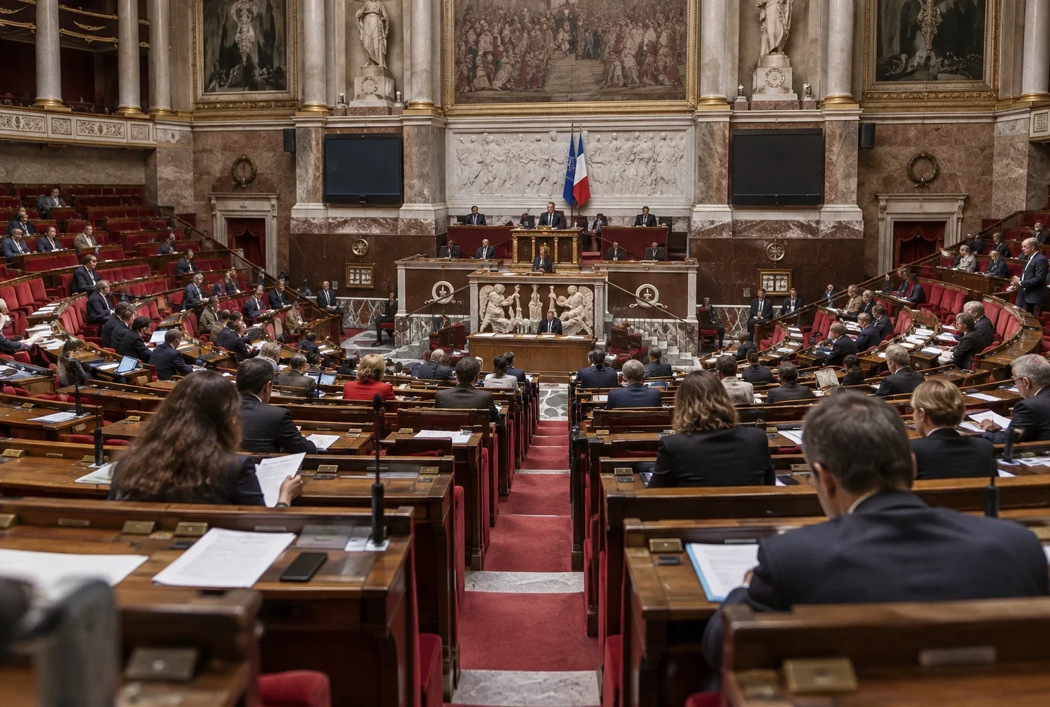 Dans un hémicycle aux rangées courbes, des députés travaillent à leurs pupitres équipés de microphones.