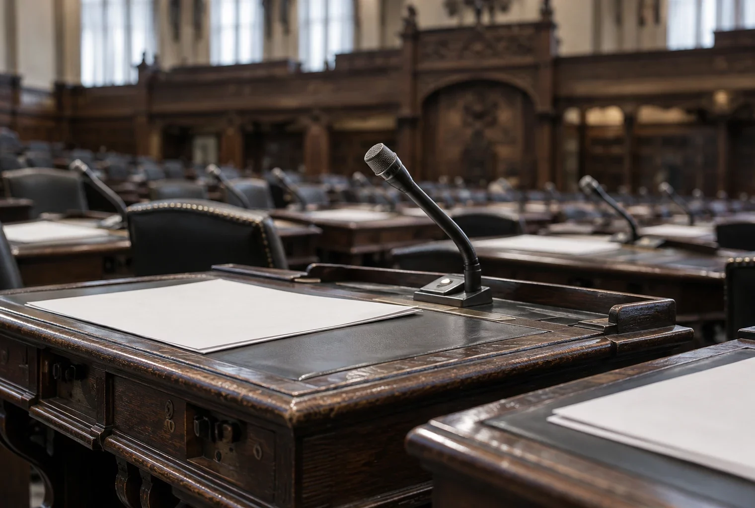 Gros plan sur des pupitres en bois usés, leurs microphones de séance et des feuilles vierges, dans un hémicycle parlementaire.