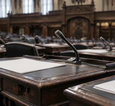 Gros plan sur des pupitres en bois usés, leurs microphones de séance et des feuilles vierges, dans un hémicycle parlementaire.