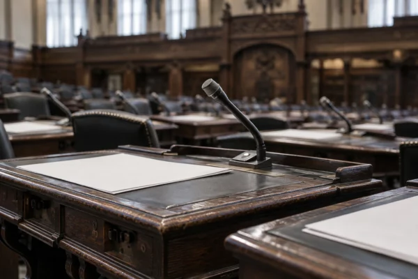 Gros plan sur des pupitres en bois usés, leurs microphones de séance et des feuilles vierges, dans un hémicycle parlementaire.