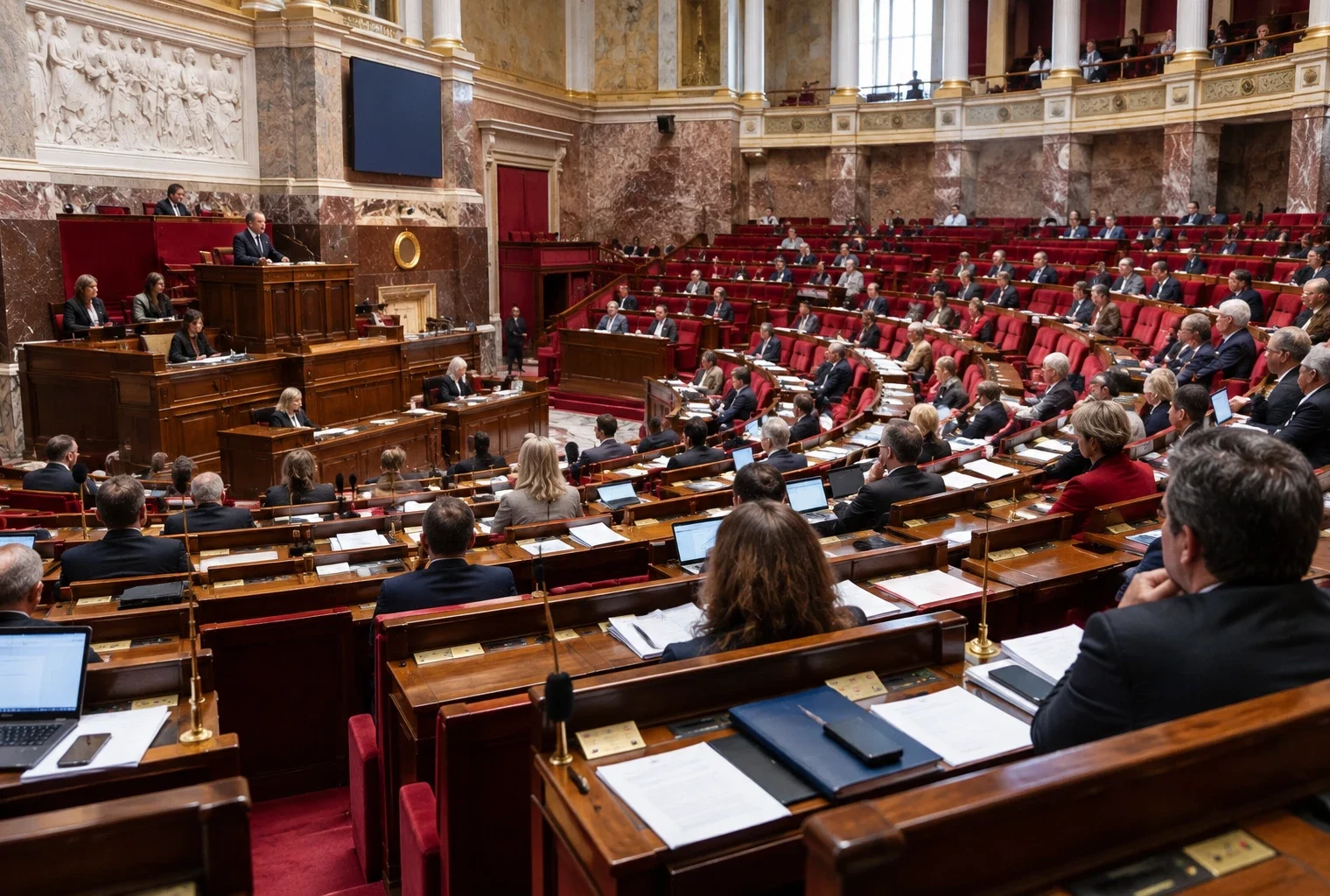 Vue large de l’hémicycle, avec ses rangées de pupitres en bois, microphones, consoles de vote et sièges rouges.