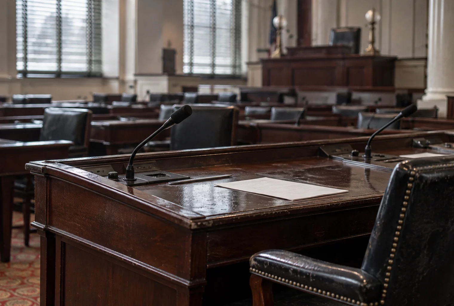 Détail de pupitres en bois et microphones fixes dans un hémicycle, avec des rangées de sièges floues en arrière-plan.
