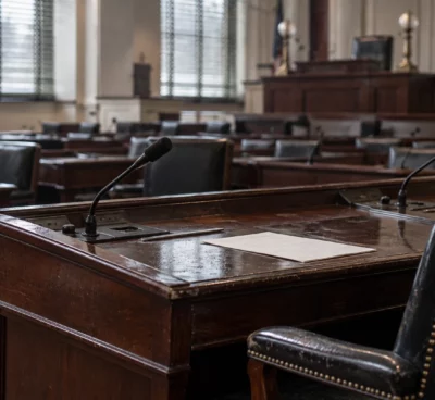 Détail de pupitres en bois et microphones fixes dans un hémicycle, avec des rangées de sièges floues en arrière-plan.