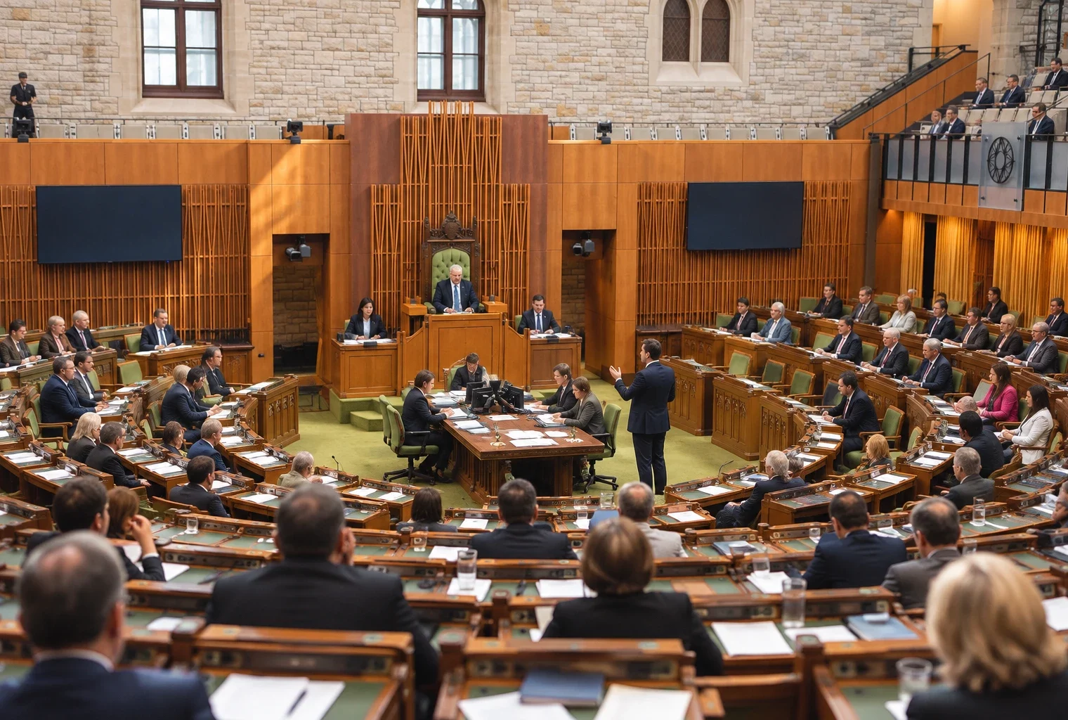 Des députés examinent des amendements à leurs pupitres dans un hémicycle parlementaire aux rangées de sièges verts.