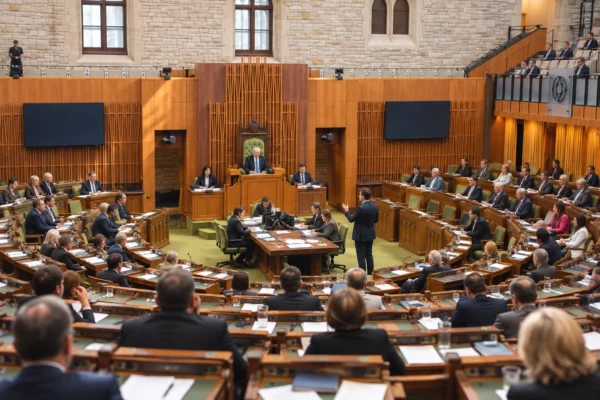 Des députés examinent des amendements à leurs pupitres dans un hémicycle parlementaire aux rangées de sièges verts.