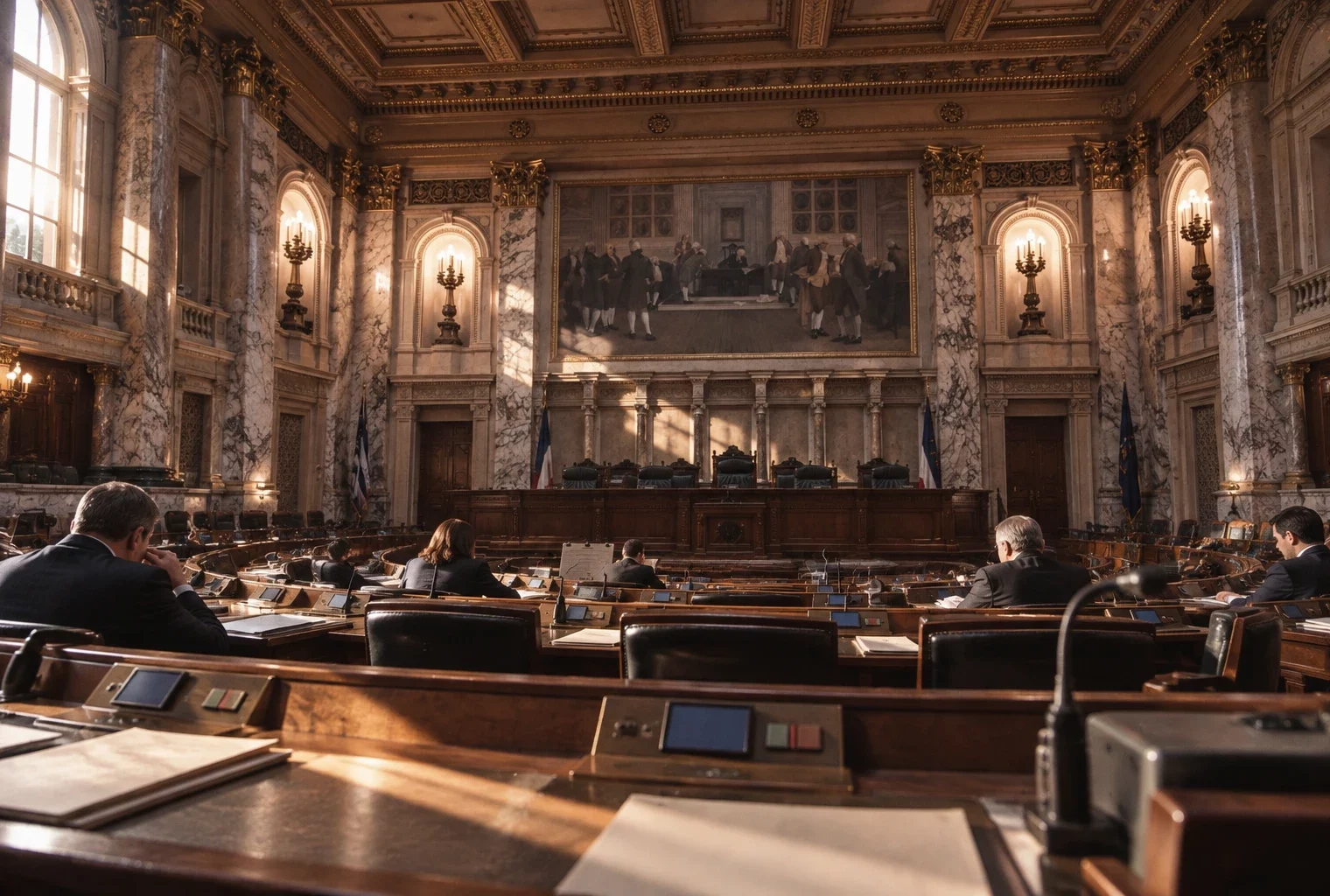 Dans un hémicycle aux boiseries et marbres patinés, des députés examinent le budget à leurs pupitres équipés de microphones.