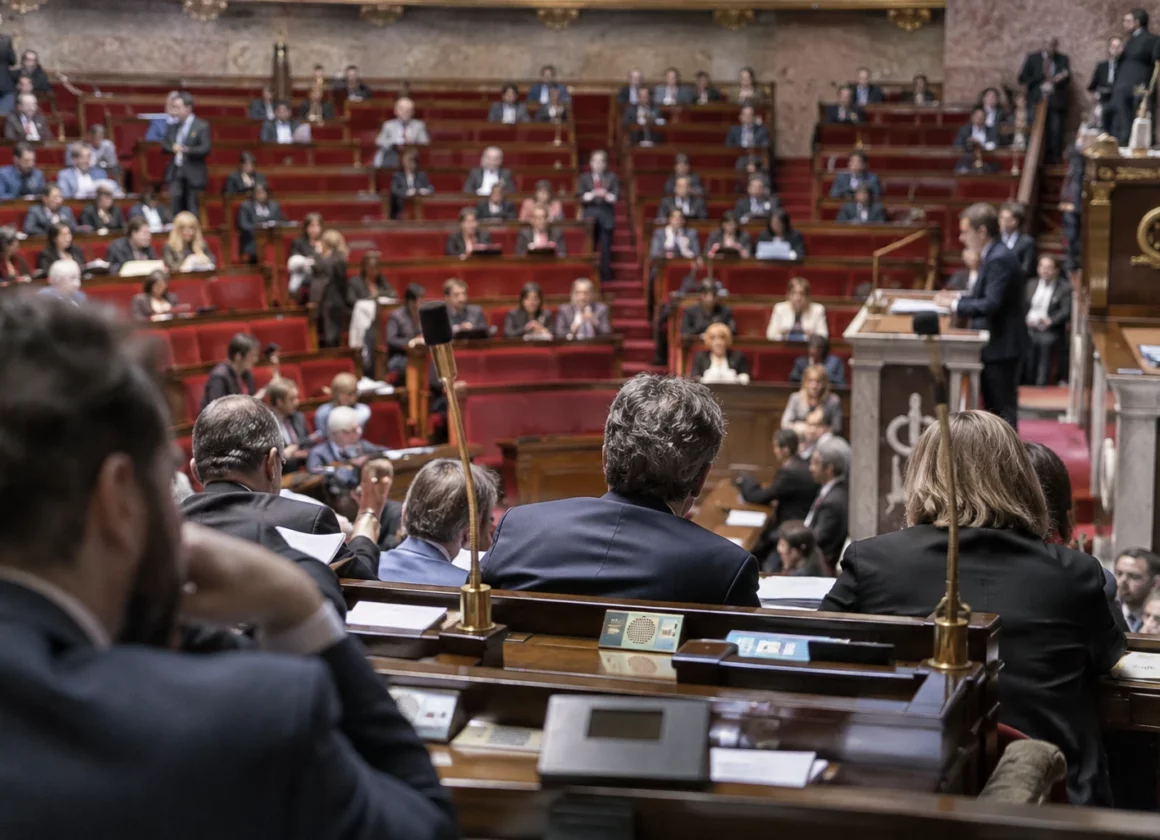 Pupitres équipés de microphones et de boîtiers de vote dans un hémicycle parlementaire aux sièges disposés en arc.