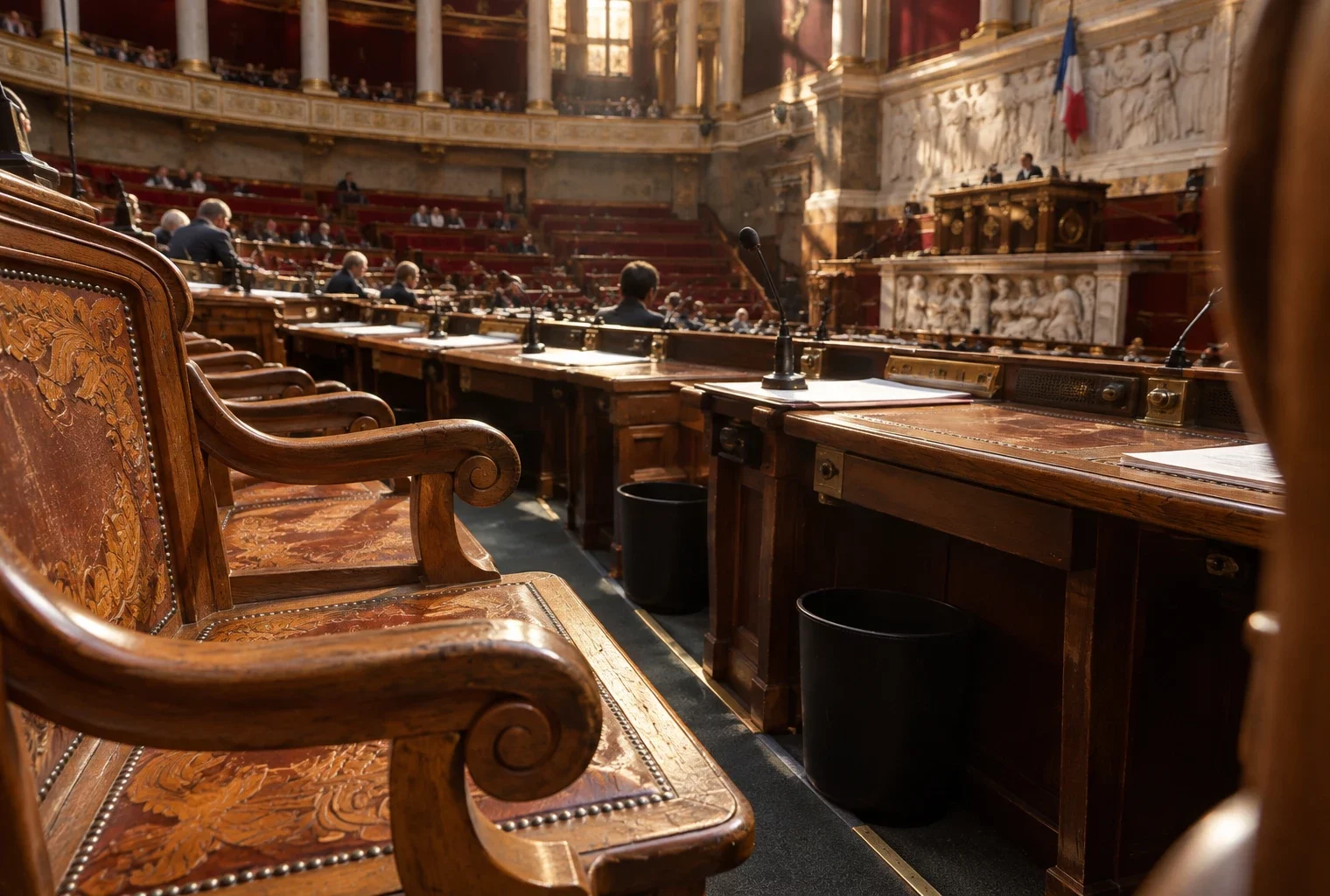 Pupitres équipés de microphones et sièges en bois sculpté dans l’hémicycle, avec des rangées qui s’élèvent vers la tribune.
