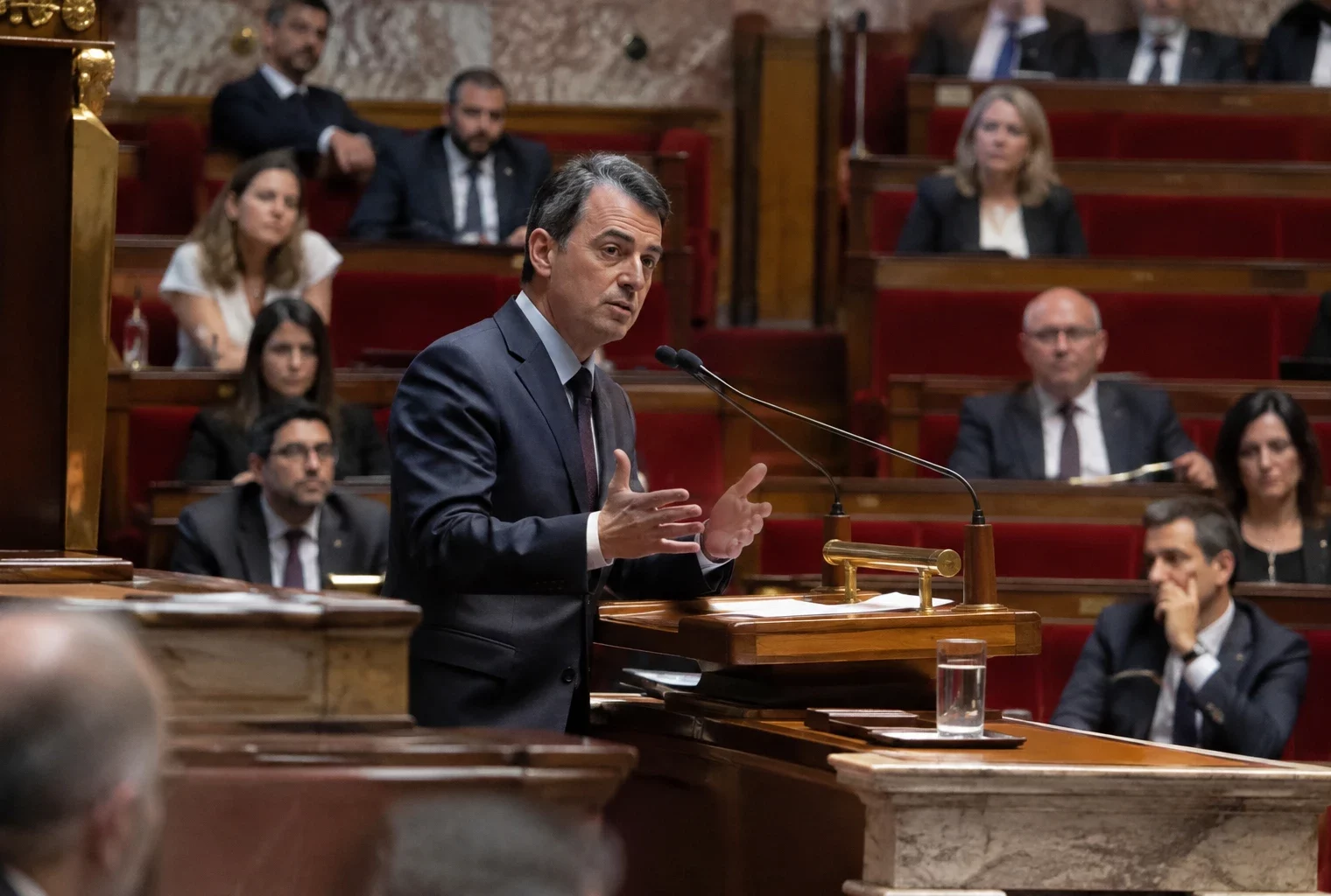Des rangées de pupitres équipés de micros dans une salle parlementaire, sans élu ni inscription visible.