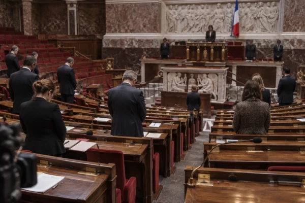 Dans l’hémicycle, des députés se tiennent en silence entre les pupitres et les rangées de sièges parlementaires.