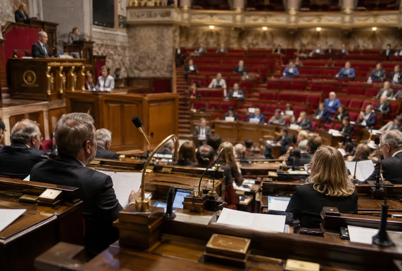 Pupitres équipés de microphones et de consoles de vote dans une salle de séance parlementaire aux rangées de sièges en gradins.