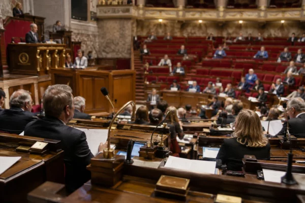 Pupitres équipés de microphones et de consoles de vote dans une salle de séance parlementaire aux rangées de sièges en gradins.