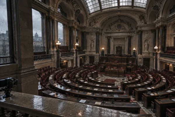 Vue plongeante sur des pupitres et microphones dans un hémicycle parlementaire, sous une lumière grise et des gradins en arrière-plan.