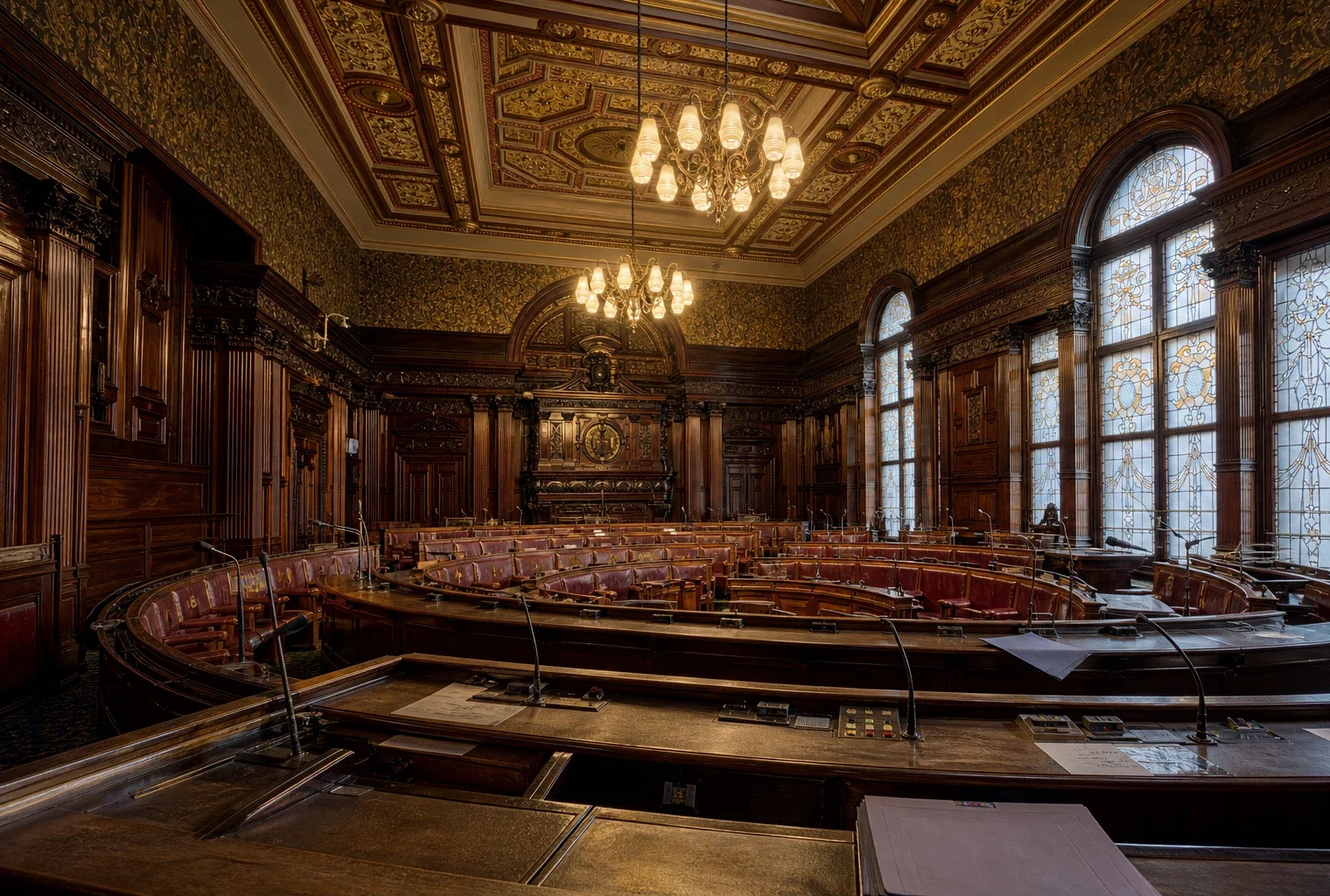Hémicycle du Sénat vide au Palais du Luxembourg, pupitres de vote et boiseries sous des fenêtres en vitrail.