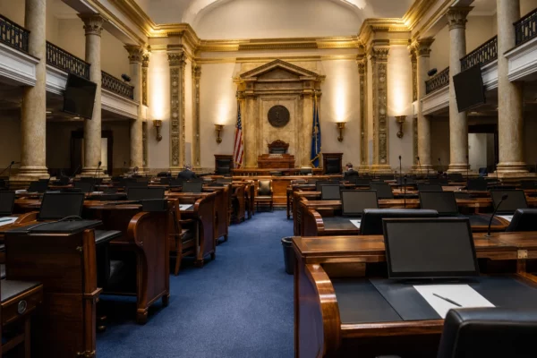 L’hémicycle du Sénat vide, avec les pupitres au premier plan et le fauteuil de présidence au centre.