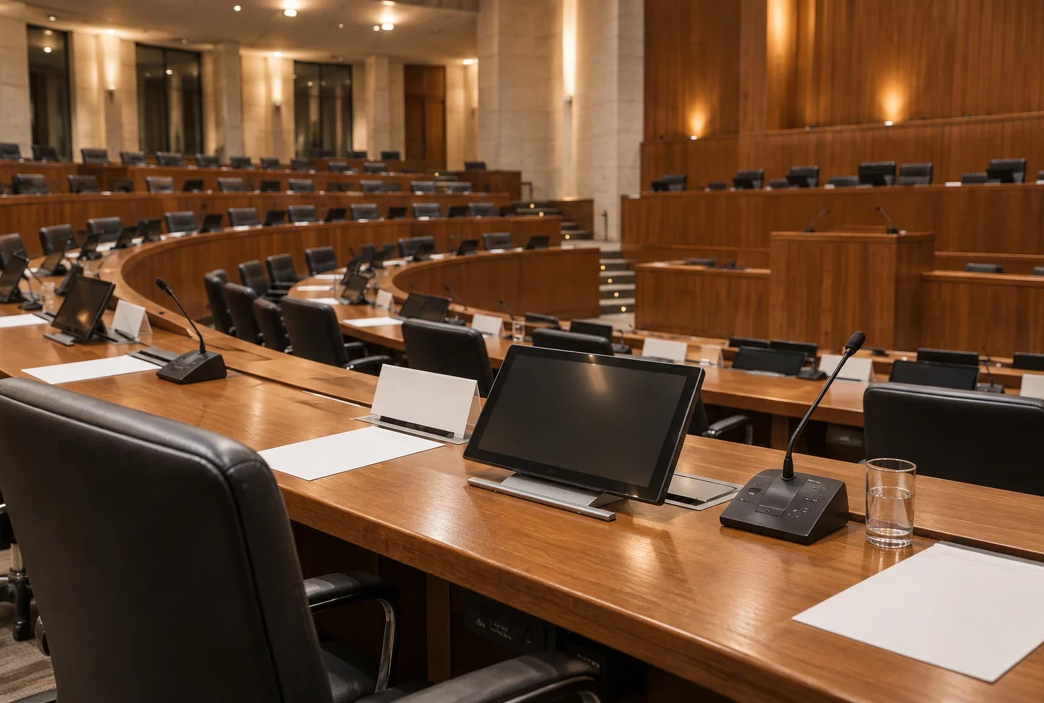 Des pupitres en bois équipés de microphones s’alignent en rangées incurvées dans un hémicycle institutionnel vide.