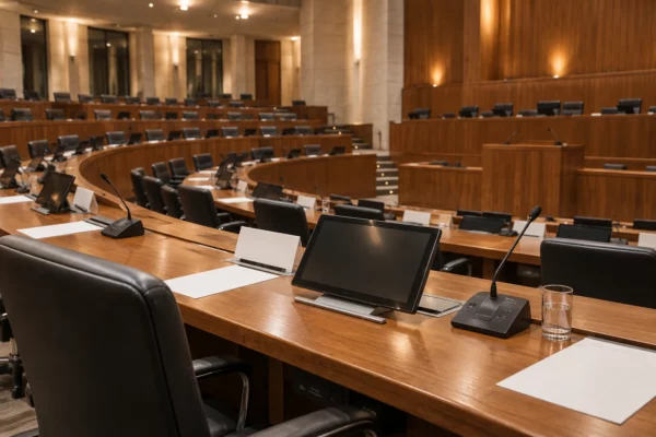 Des pupitres en bois équipés de microphones s’alignent en rangées incurvées dans un hémicycle institutionnel vide.