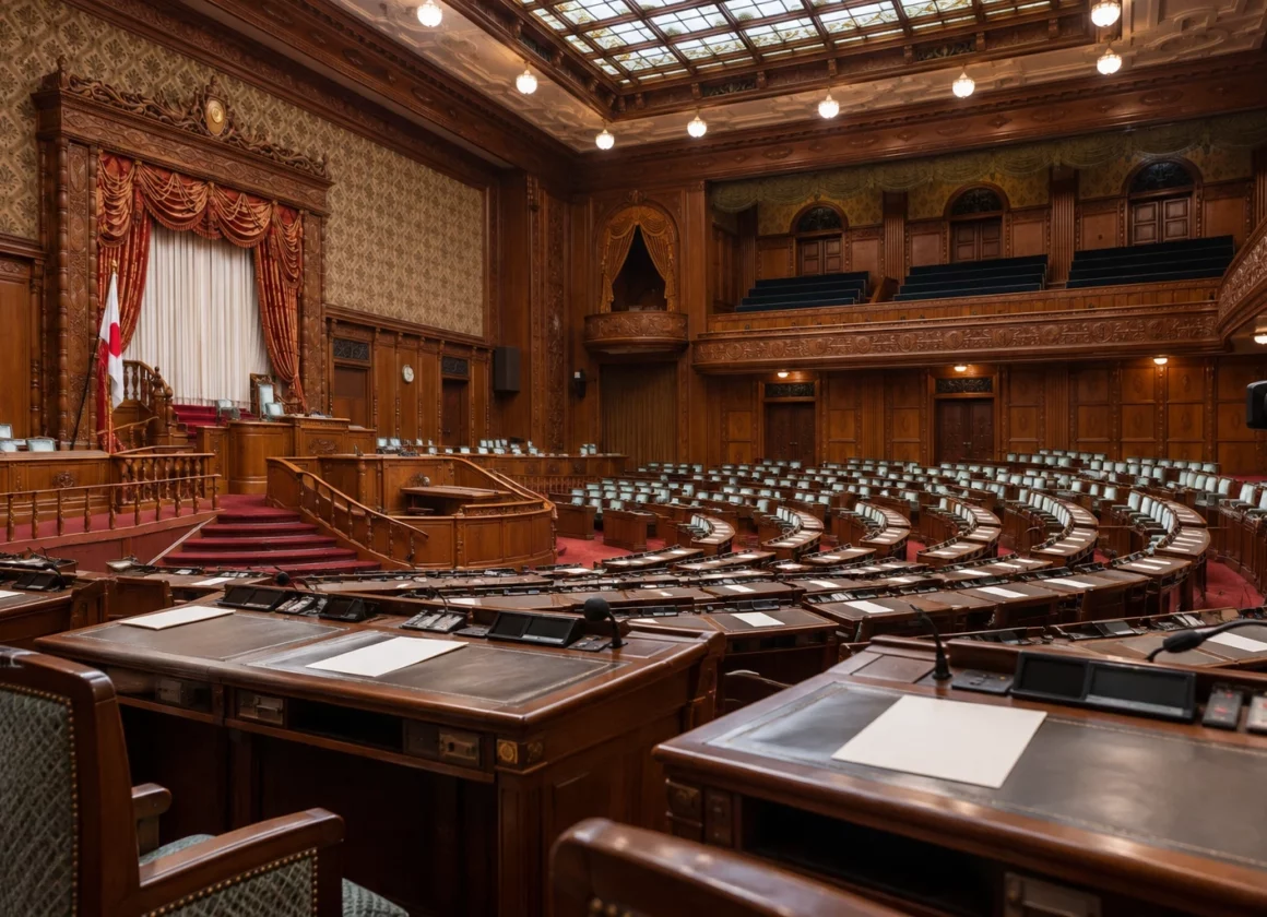 Rangées de pupitres en bois avec microphones dans un hémicycle, devant les gradins et les boiseries de la salle.