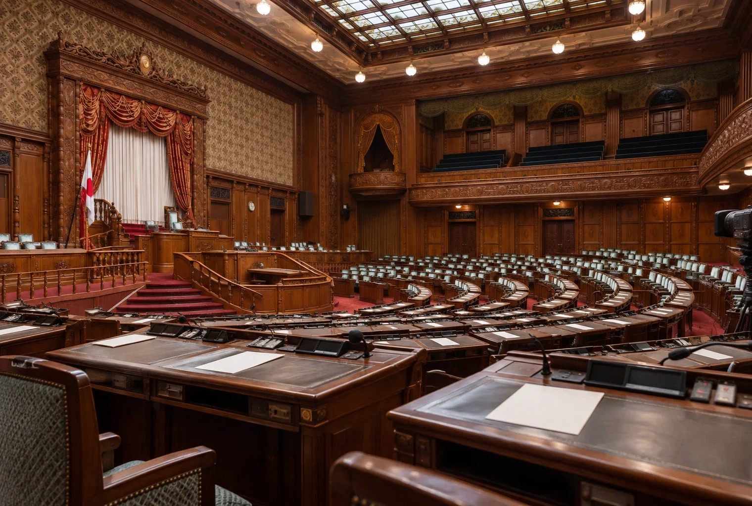Rangées de pupitres en bois avec microphones dans un hémicycle, devant les gradins et les boiseries de la salle.