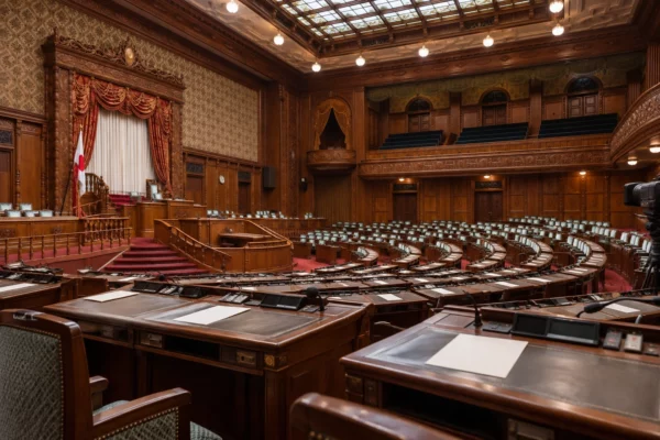Rangées de pupitres en bois avec microphones dans un hémicycle, devant les gradins et les boiseries de la salle.