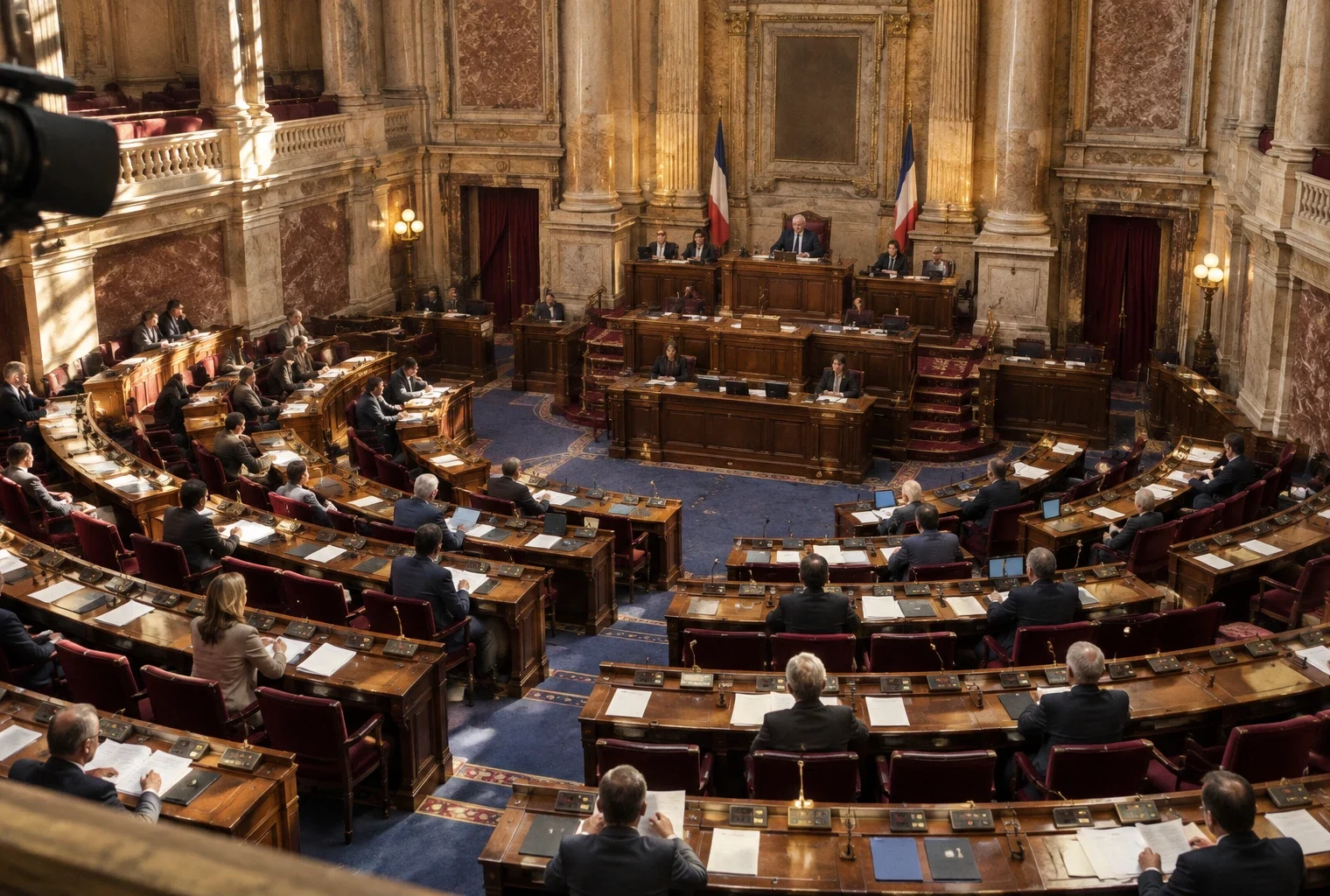 Vue plongeante sur les pupitres, microphones et boîtiers de vote de l’hémicycle, avec les gradins et les sièges de la présidence en arrière-plan.