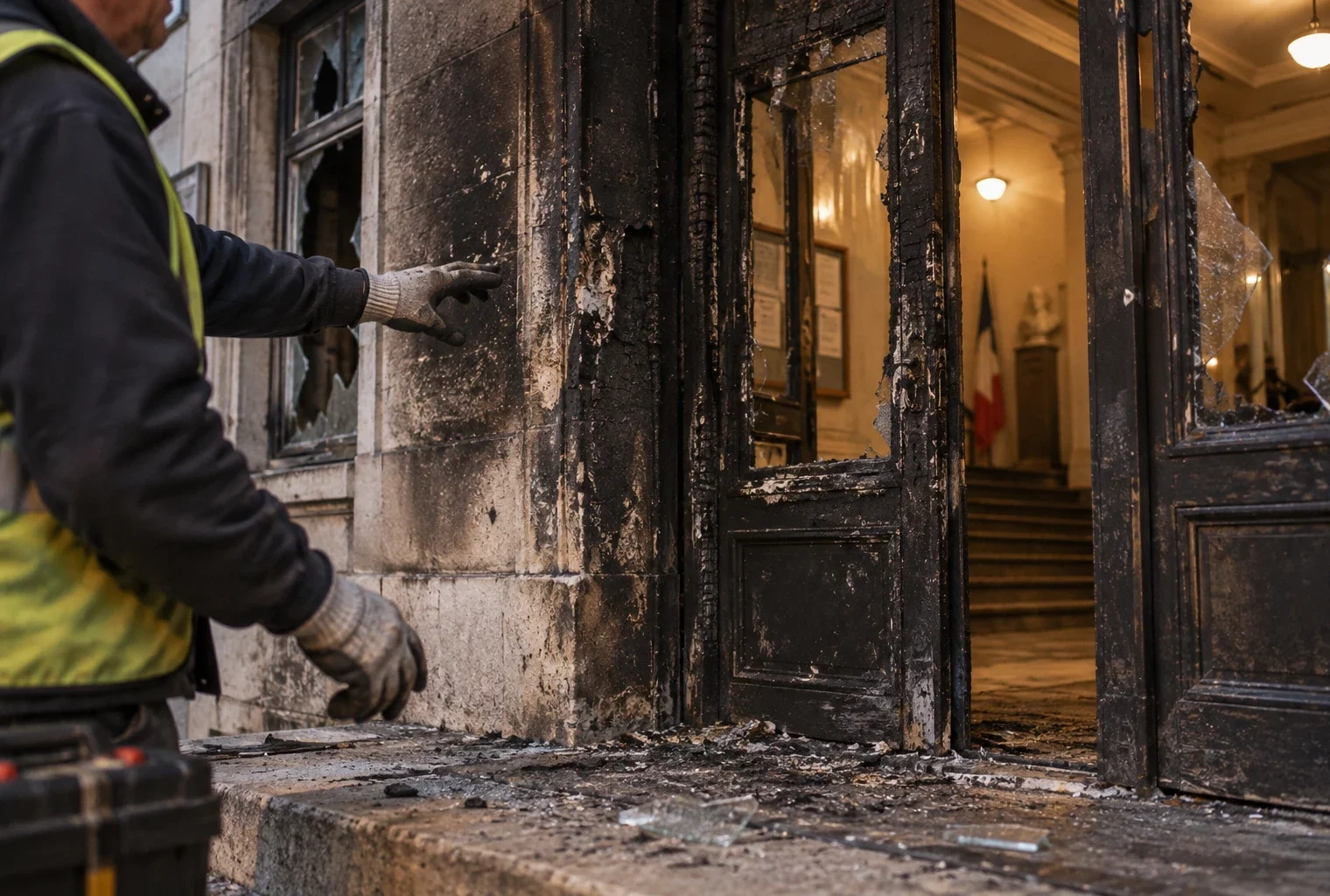 Des mains gantées inspectent l’entrée noircie d’un hôtel de ville, avec des traces de fumée et des éclats de verre au seuil.