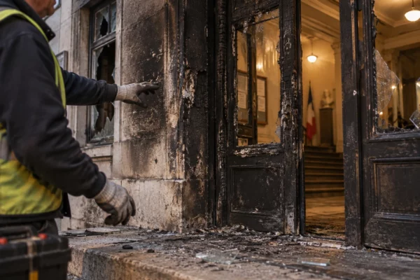 Des mains gantées inspectent l’entrée noircie d’un hôtel de ville, avec des traces de fumée et des éclats de verre au seuil.