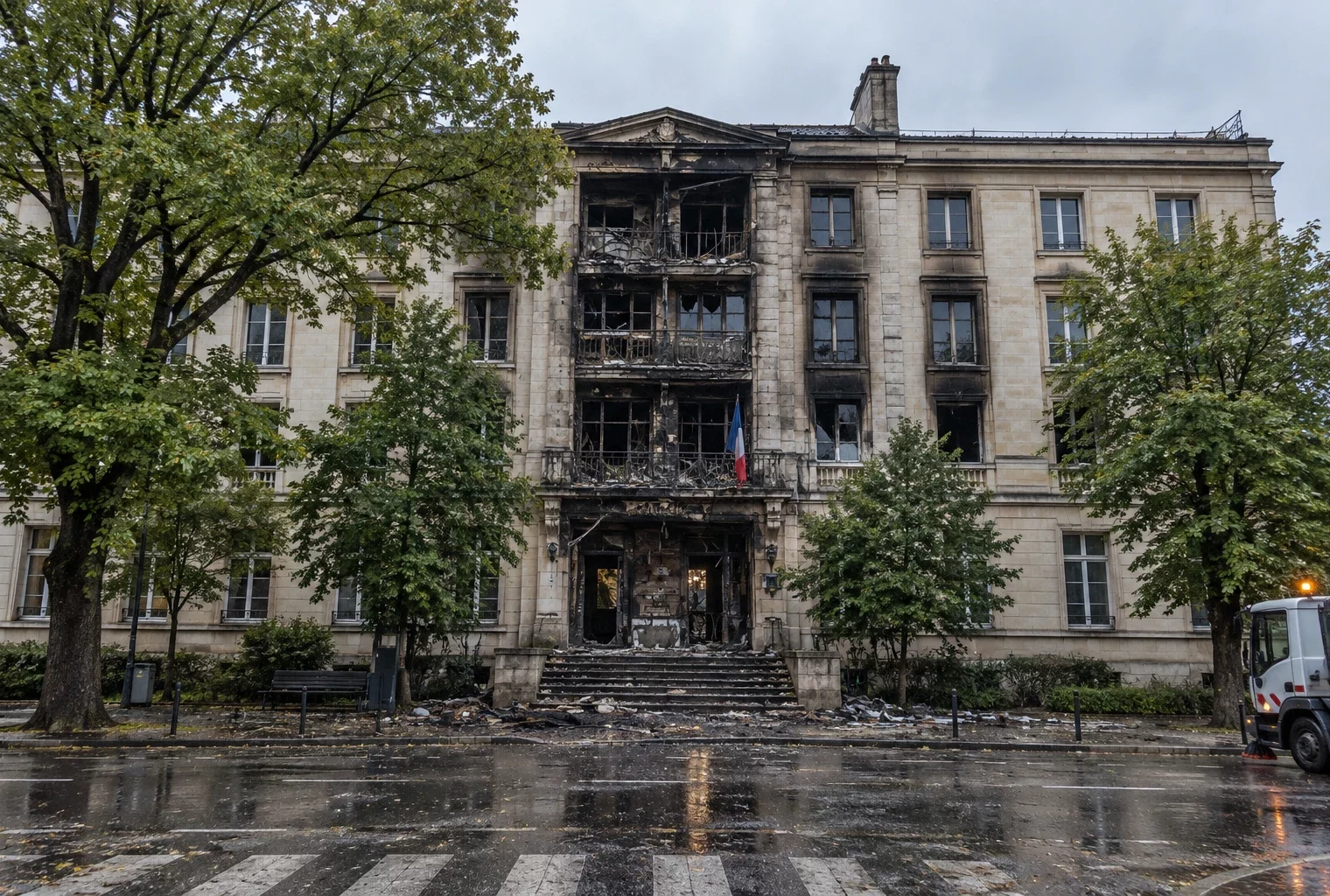 Façade d’un hôtel de ville endommagée par un incendie, fenêtres noircies et débris au pied du bâtiment sous la pluie.