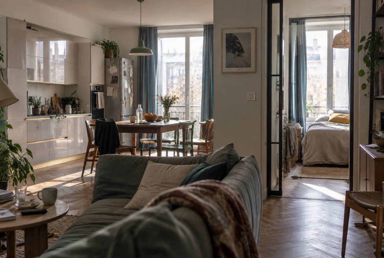 Table et chaises dans un appartement meublé, avec une cuisine équipée, un lit et un réfrigérateur visibles.