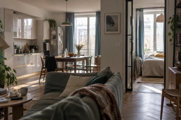 Table et chaises dans un appartement meublé, avec une cuisine équipée, un lit et un réfrigérateur visibles.