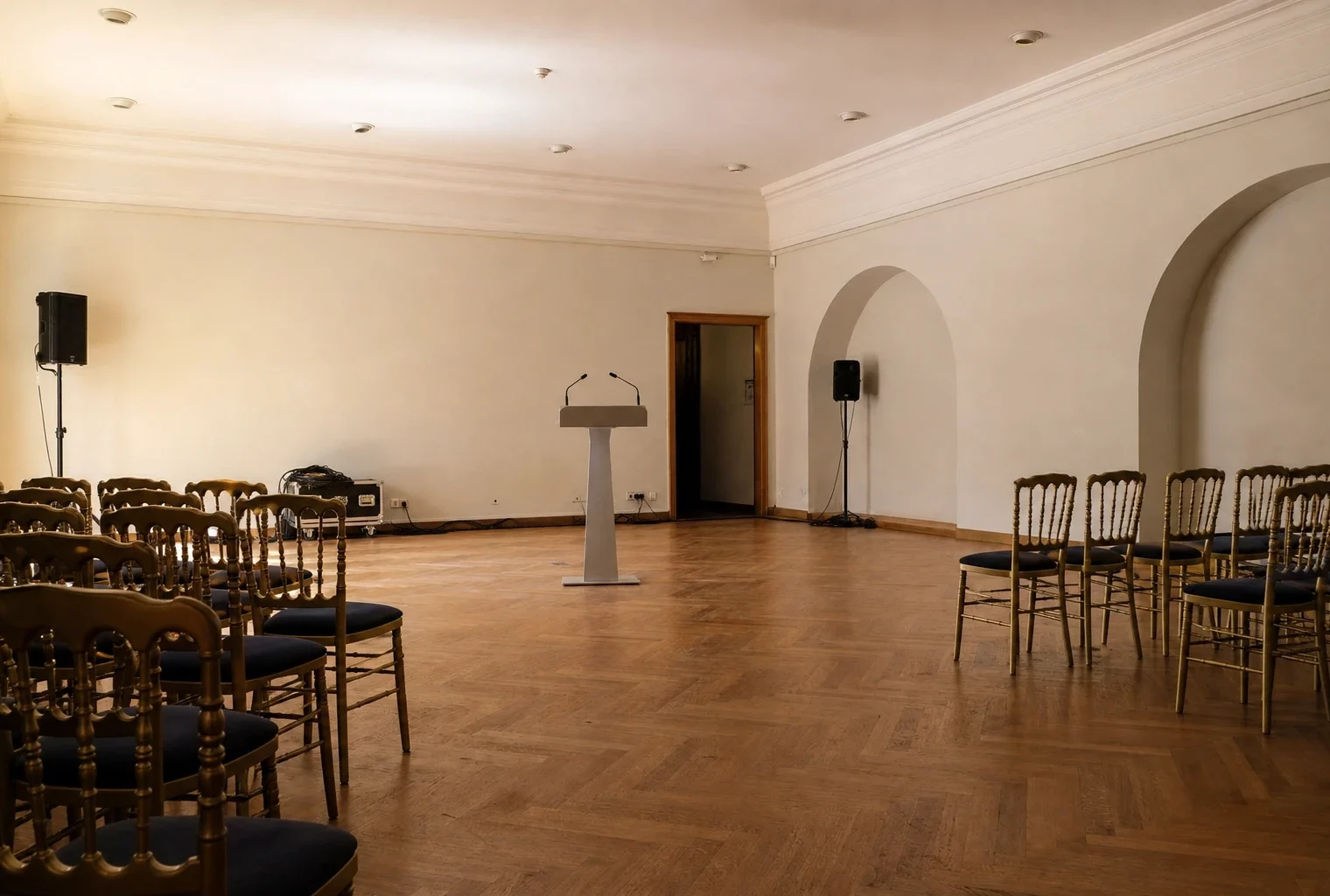 Salle de cérémonie aux Invalides, rangées de chaises, pupitre et murs clairs sous une lumière rasante.