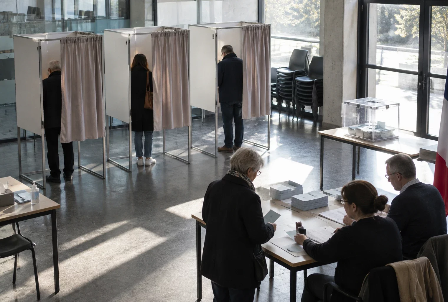 Des isoloirs ouverts et des bulletins vierges dans un bureau de vote communal, avec l’urne et des chaises en arrière-plan.