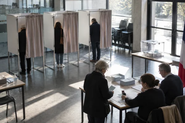 Des isoloirs ouverts et des bulletins vierges dans un bureau de vote communal, avec l’urne et des chaises en arrière-plan.