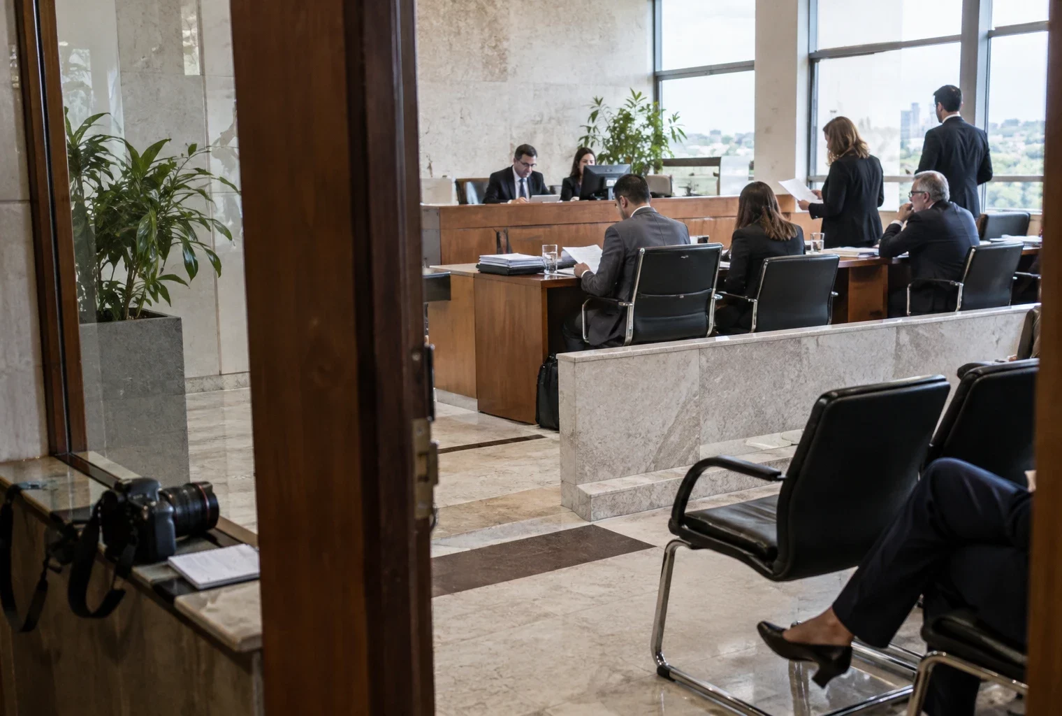 Des observateurs anonymes échangent dans une salle d’audition lumineuse d’un bâtiment de justice électorale au Brésil.