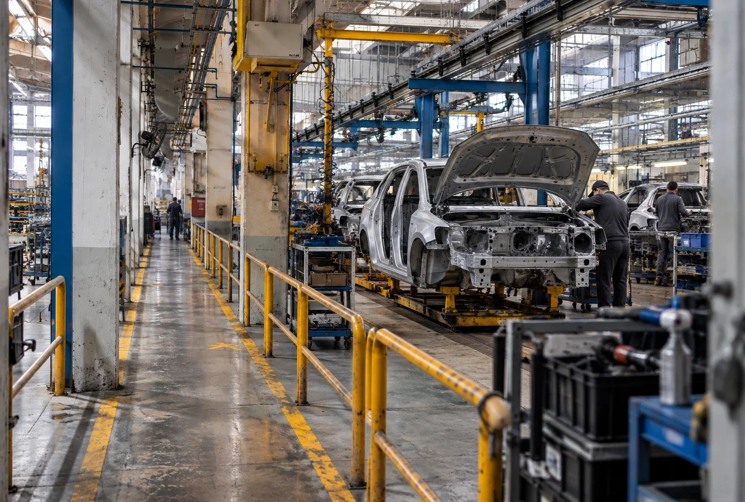 Une carrosserie en cours d’assemblage sur une ligne automobile, au milieu des rails jaunes et des structures métalliques de l’atelier.