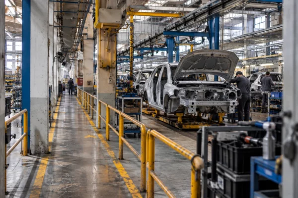 Une carrosserie en cours d’assemblage sur une ligne automobile, au milieu des rails jaunes et des structures métalliques de l’atelier.