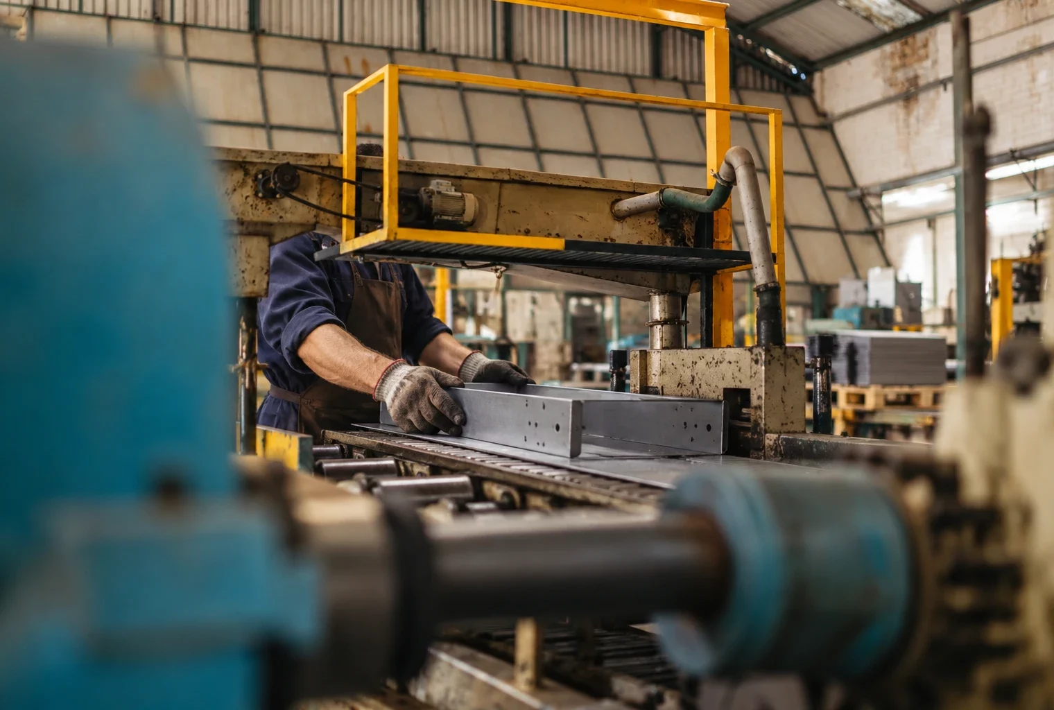 Les mains d’un ouvrier guident une pièce métallique dans une machine, au milieu d’un atelier de production en activité.
