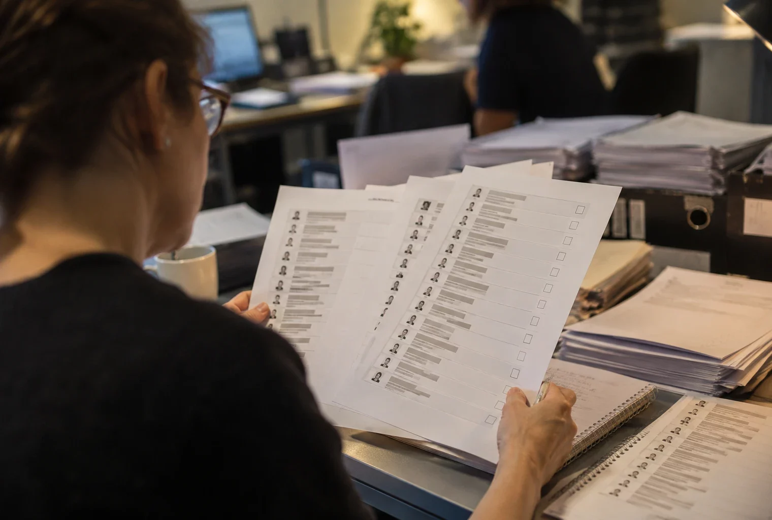 Des feuilles de questionnaire et des listes de candidats imprimées sont posées sur un bureau, avec d’autres documents empilés en arrière-plan.