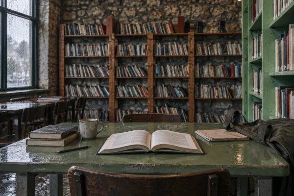 Un livre ouvert aux pages sans texte lisible repose sur une table de bibliothèque, devant des rayonnages et un mur de pierre.