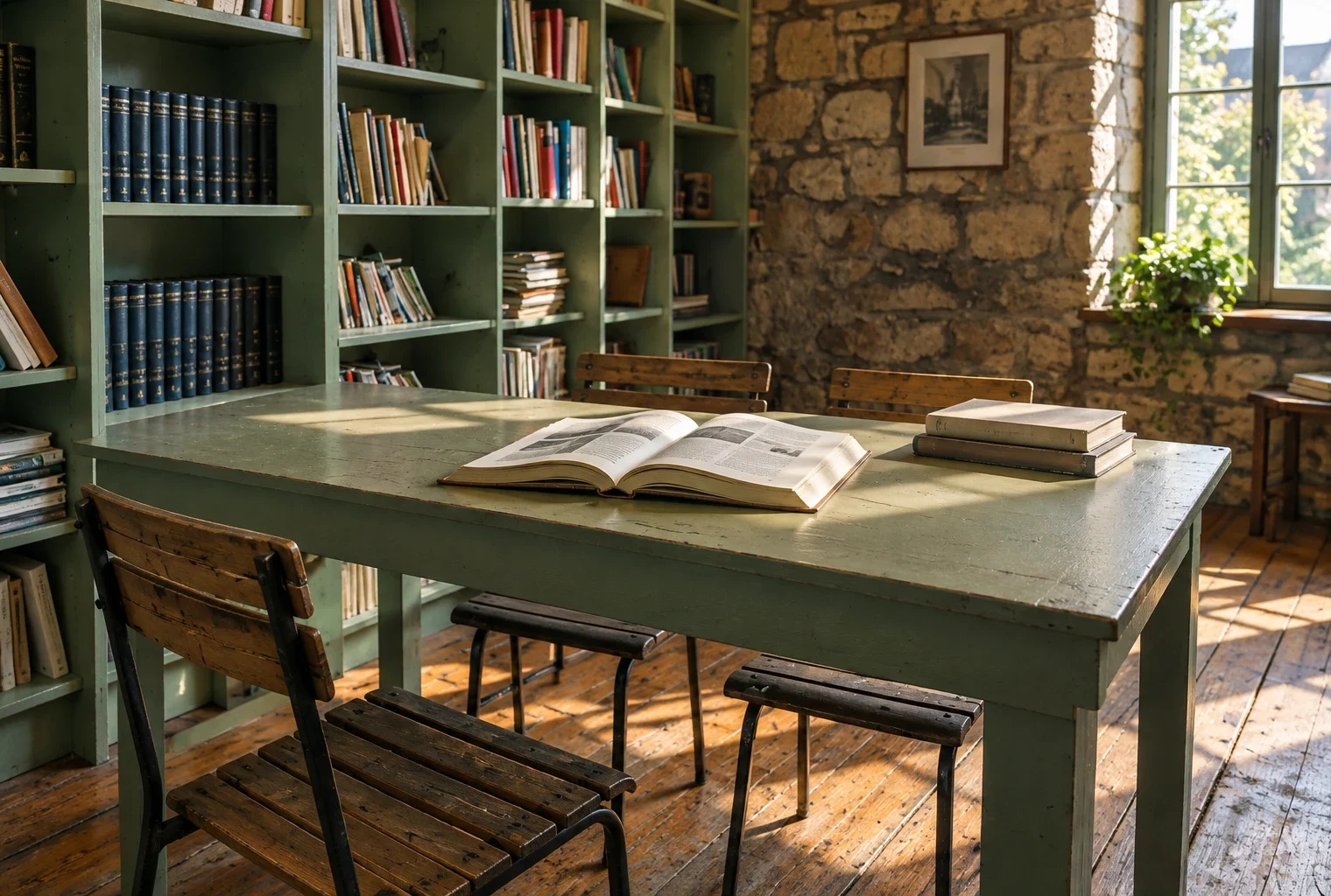 Un livre ouvert aux pages vierges repose sur une table usée, devant des rayonnages et des chaises dans un espace de lecture.