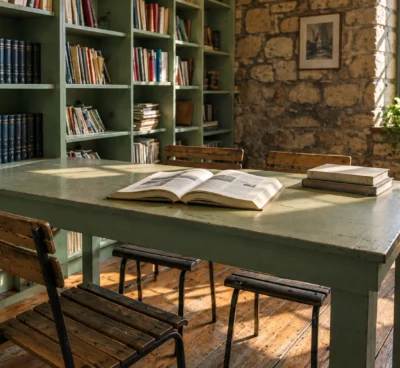 Un livre ouvert aux pages vierges repose sur une table usée, devant des rayonnages et des chaises dans un espace de lecture.