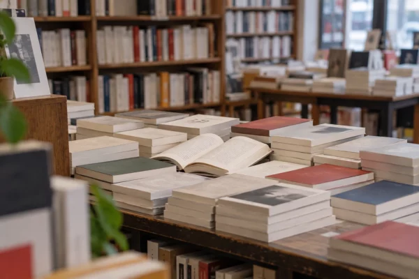 Un livre ouvert et des ouvrages brochés aux couvertures unies sur une table de librairie, devant des rayonnages flous.