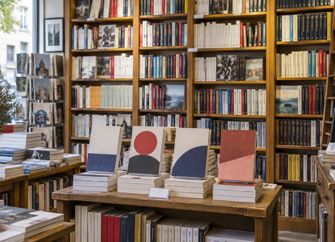 Des exemplaires d’un livre politique aux couvertures abstraites sur un présentoir, devant des rayonnages de librairie bien remplis.